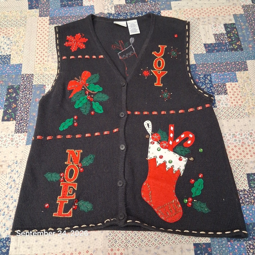 Y2K Vintage Bobbie Brooks Noel Christmas Black Button Up Knit Sweater Vest L